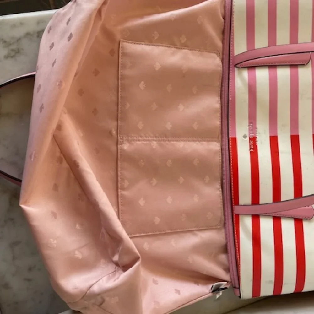 KATE SPADE New York Zina Red Pink White Stripe Large Coated Canvas Tote …